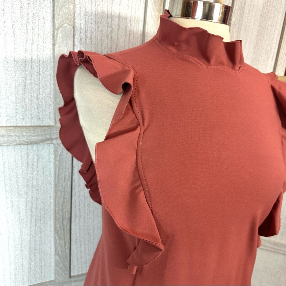 Rebecca Taylor Ruffle Mock Neck Dress Size Small Burnt Orange Sleeveless - Picture 4 of 8